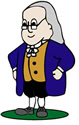 Cartoon of a man with long gray hair, glasses, a blue coat, yellow vest, black shorts, white socks, and black shoes, standing with hands on hips and smiling on a green patch of ground.