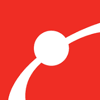 A white circle with two curved white lines crossing behind it on a solid red background, resembling an abstract orbital or atomic design.