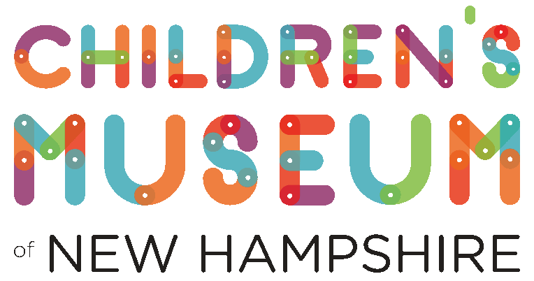 Colorful, playful text reads Childrens Museum of New Hampshire with Childrens Museum in bright, multicolored letters featuring screw designs, and of New Hampshire in simple black text below.