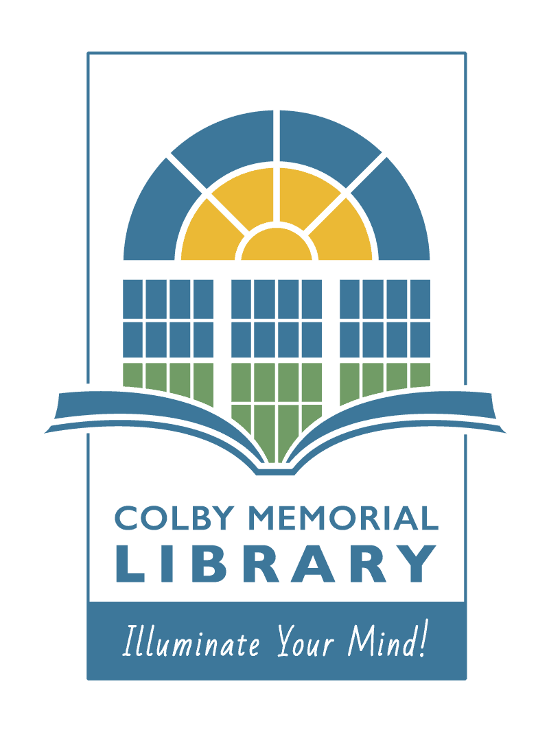 Logo for Colby Memorial Library featuring a stylized arched window above an open book. Below, it reads Colby Memorial Library and the slogan Illuminate Your Mind! in blue and green tones.