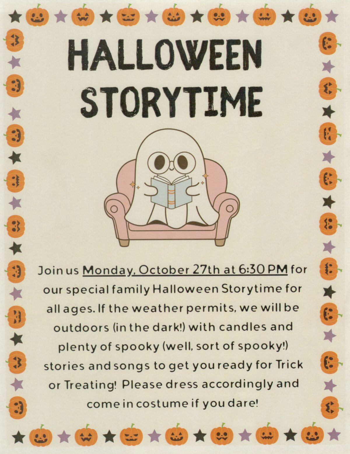 A Halloween Storytime event flyer featuring a cartoon ghost reading a book on a couch. The border is decorated with pumpkins and stars. Event details include date, time, and invitation to wear costumes.