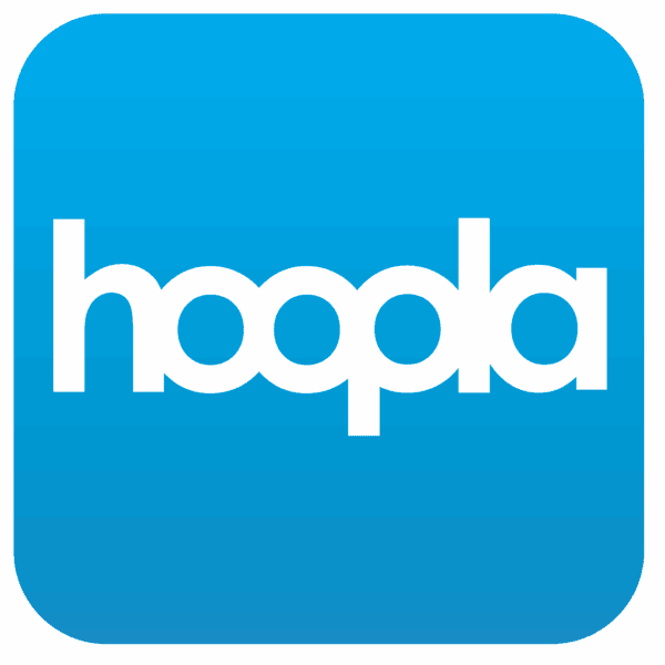 The Hoopla app logo, featuring the word hoopla in bold white lowercase letters centered on a rounded blue square background with a subtle gradient.