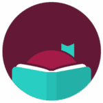 A stylized icon of an open book with teal and burgundy colors, set against a burgundy circle background. A small bookmark peeks out from the pages.