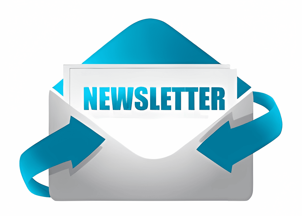 An illustration of an open envelope with a piece of paper inside that reads NEWSLETTER in bold blue letters, with two blue arrows on either side of the envelope.