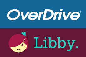 A split image showing the OverDrive logo on a blue background above and the Libby app logo with a cartoon girls face and the word Libby on a burgundy background below.