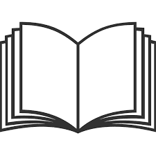 Simple black and white line drawing of an open book with visible pages, viewed from the front. The books spine and page edges are clearly outlined.